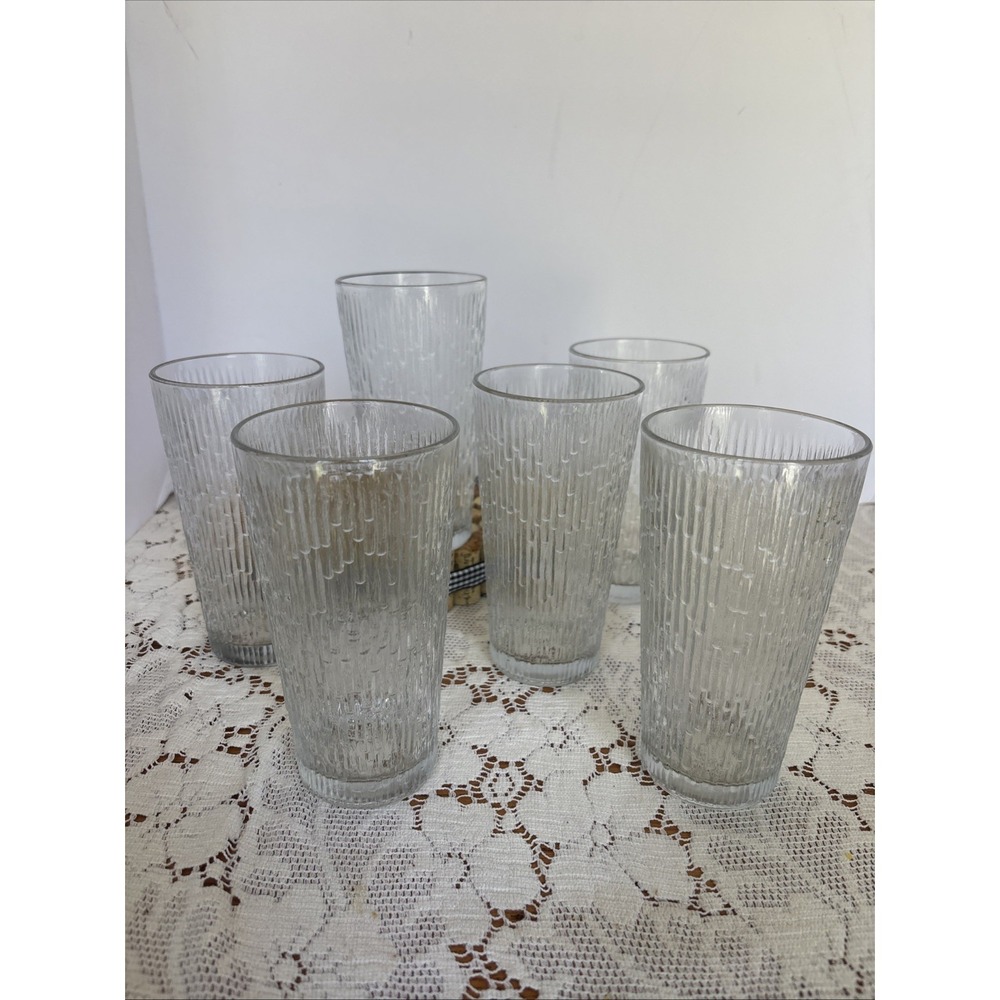 6 Jeannette Glass Finlandia Arctic Ice Tree Bark Clear 16oz Tumbler Glasses MCM
